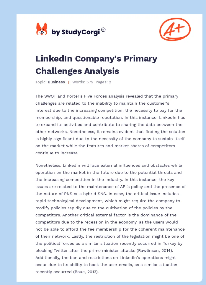 LinkedIn Company's Primary Challenges Analysis. Page 1