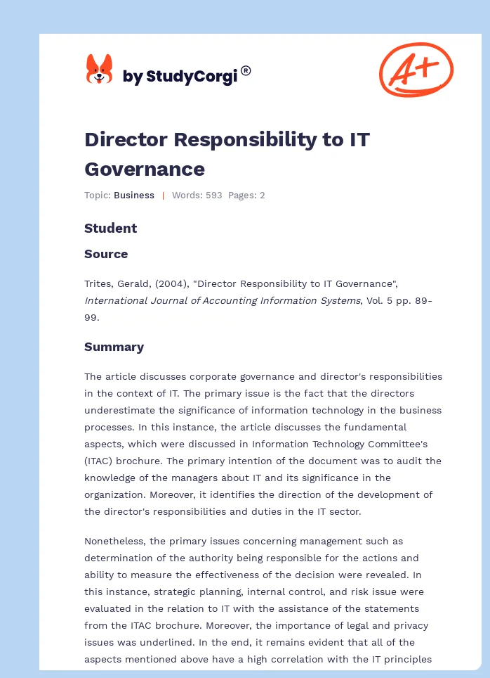 Director Responsibility to IT Governance. Page 1