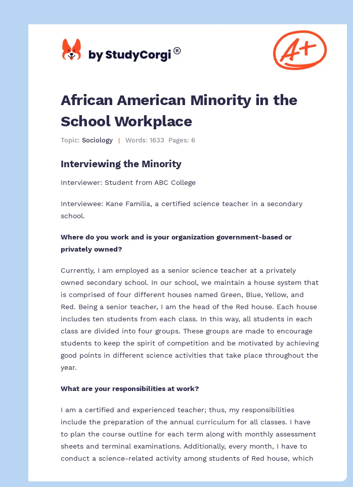 African American Minority in the School Workplace. Page 1