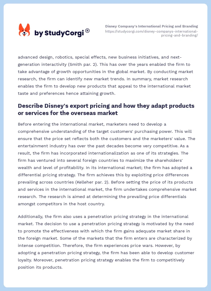 Disney Company's International Pricing and Branding. Page 2