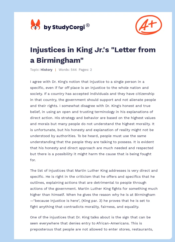 Injustices in King Jr.'s "Letter from a Birmingham". Page 1