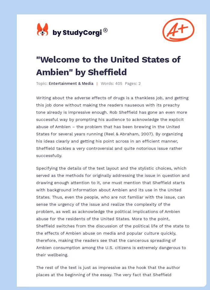 "Welcome to the United States of Ambien" by Sheffield. Page 1