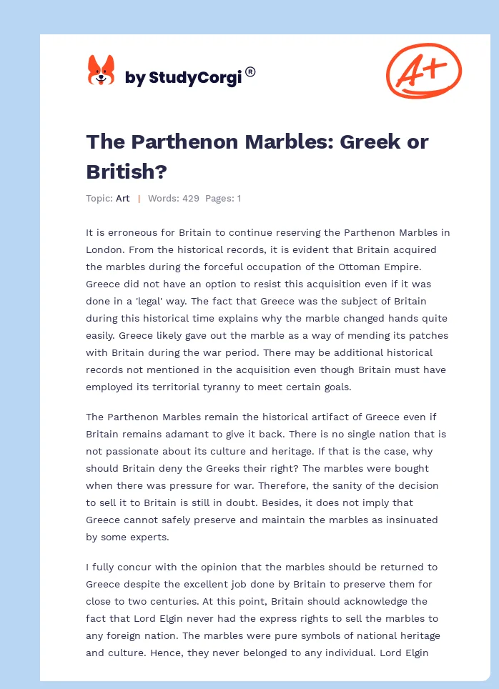 The Parthenon Marbles: Greek or British?. Page 1