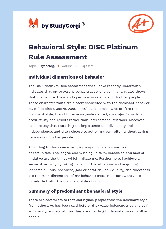 Behavioral Style: DISC Platinum Rule Assessment. Page 1