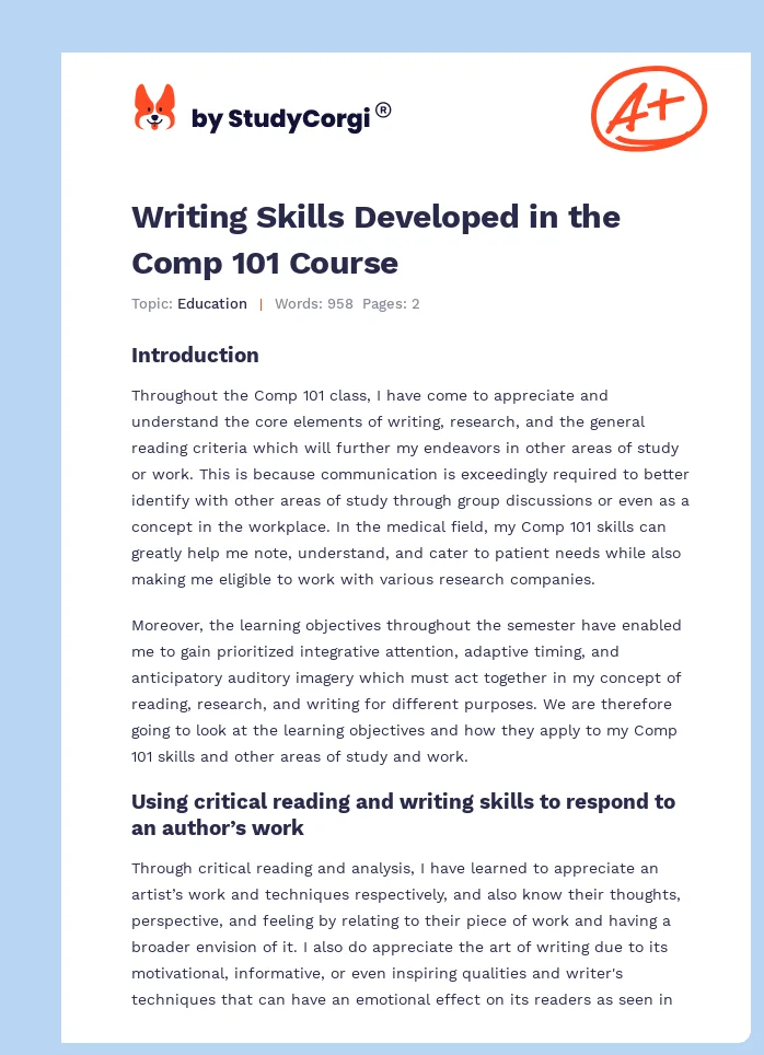 Writing Skills Developed in the Comp 101 Course. Page 1