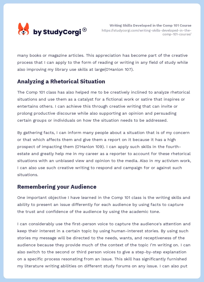 Writing Skills Developed in the Comp 101 Course. Page 2