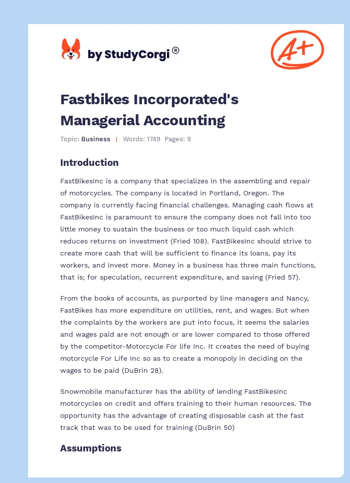 Fastbikes Incorporated's Managerial Accounting. Page 1