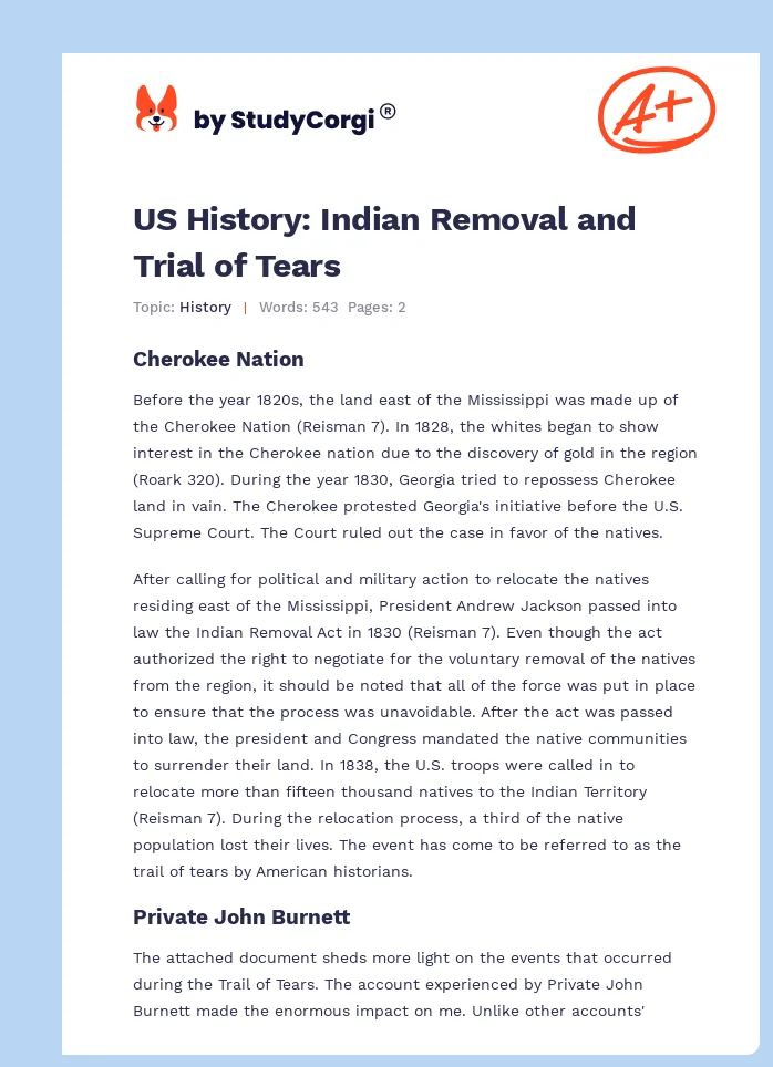 US History: Indian Removal and Trial of Tears. Page 1