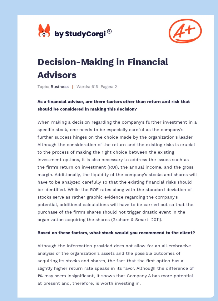 Decision-Making in Financial Advisors. Page 1