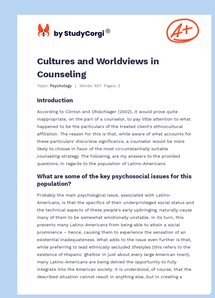 Cultures and Worldviews in Counseling. Page 1
