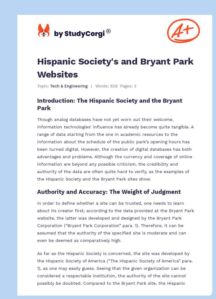 Hispanic Society's and Bryant Park Websites. Page 1
