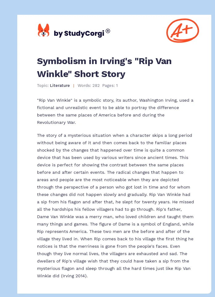 Symbolism in Irving's "Rip Van Winkle" Short Story. Page 1