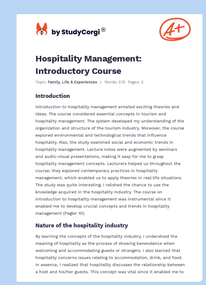 Hospitality Management: Introductory Course. Page 1