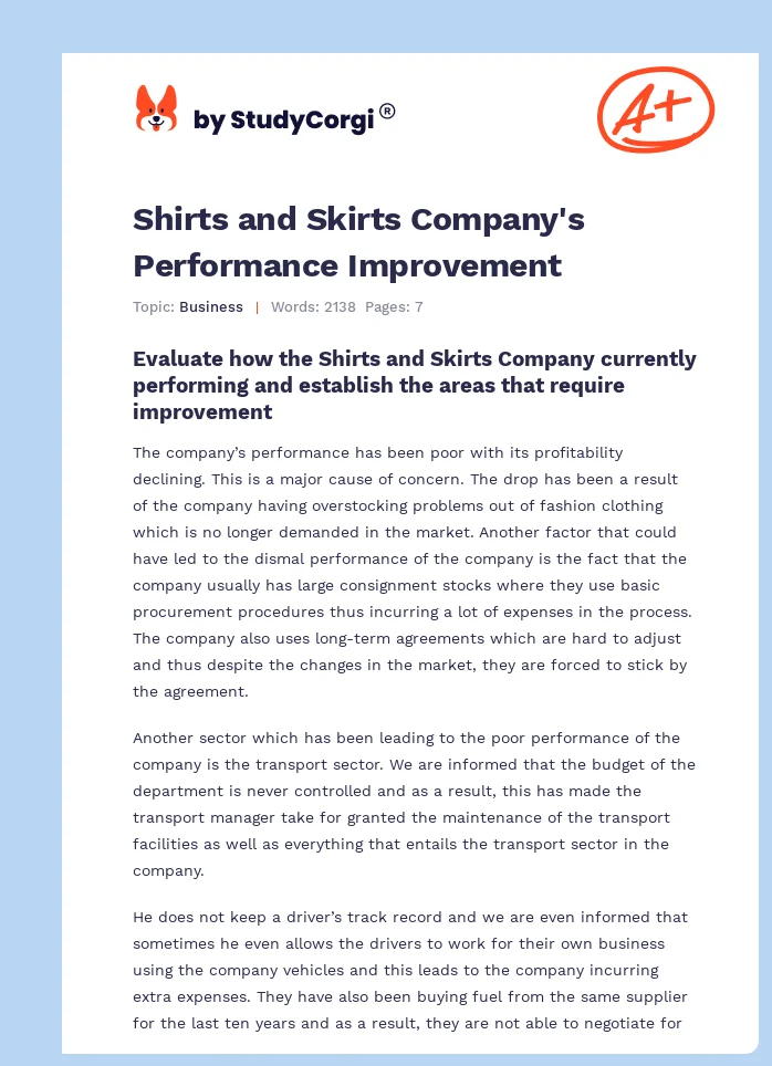 Shirts and Skirts Company's Performance Improvement. Page 1