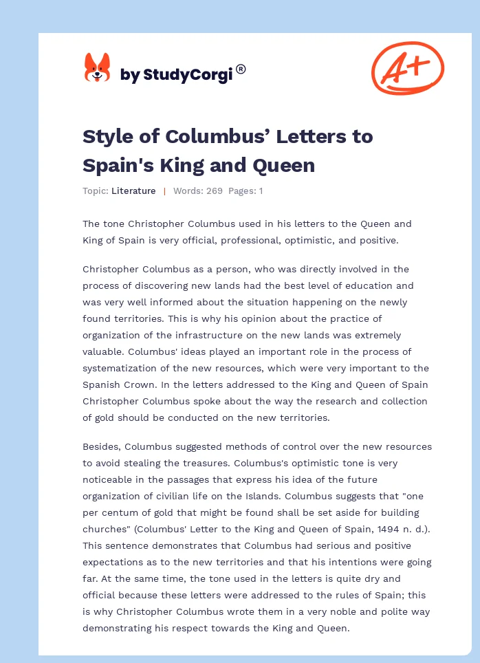 Style of Columbus’ Letters to Spain's King and Queen. Page 1