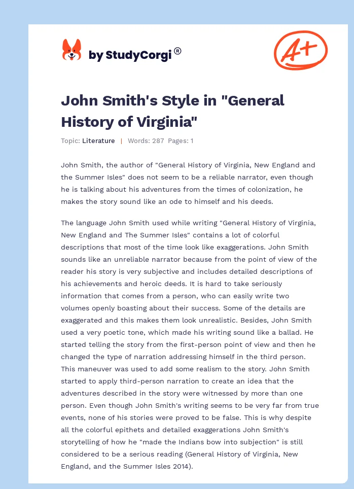 John Smith's Style in "General History of Virginia". Page 1