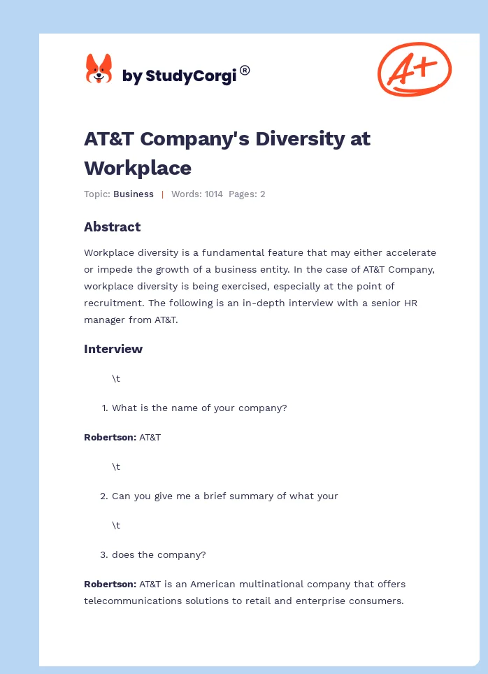 AT&T Company's Diversity at Workplace. Page 1