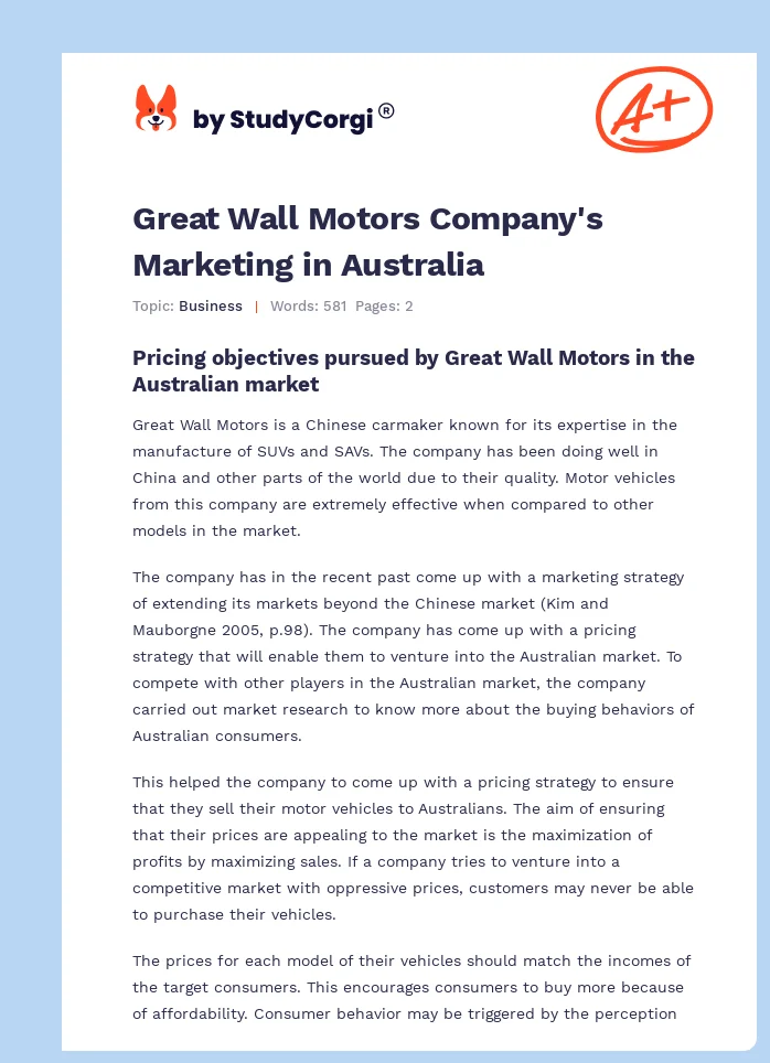 Great Wall Motors Company's Marketing in Australia. Page 1