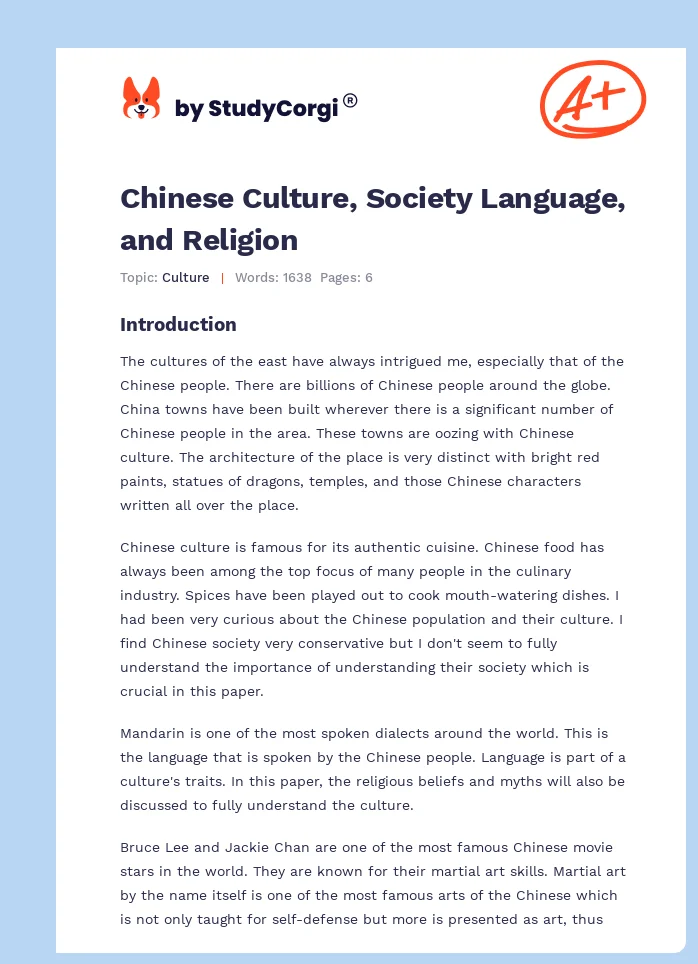 Chinese Culture, Society Language, and Religion. Page 1