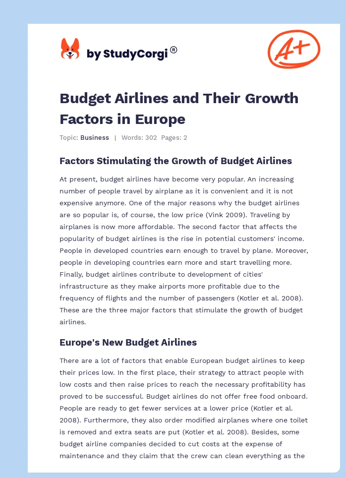 Budget Airlines and Their Growth Factors in Europe. Page 1