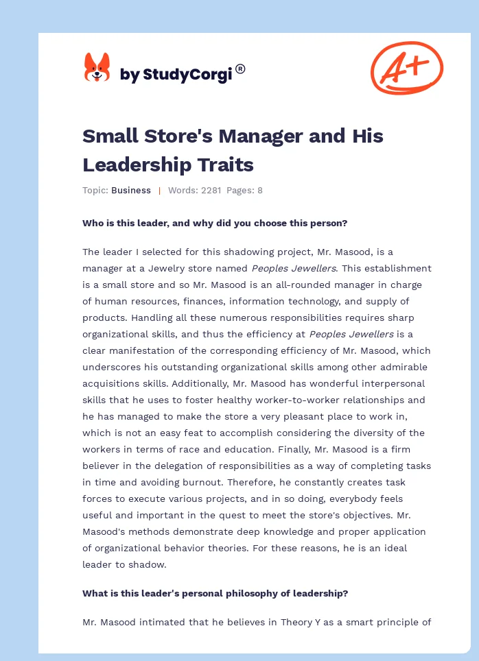 Small Store's Manager and His Leadership Traits. Page 1