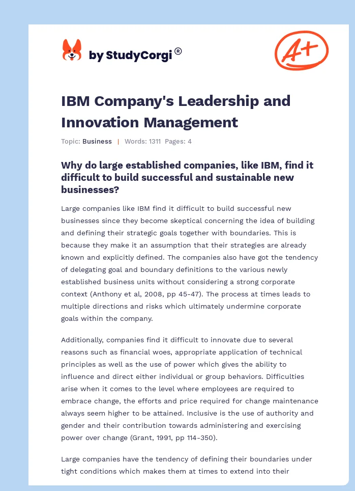 IBM Company's Leadership and Innovation Management. Page 1