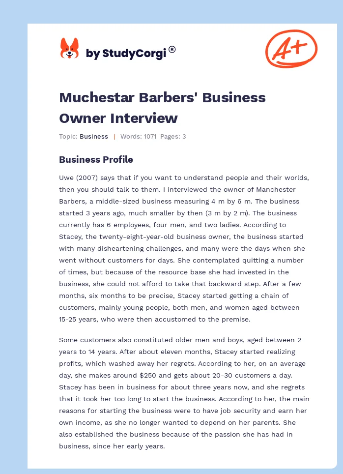 Muchestar Barbers' Business Owner Interview. Page 1