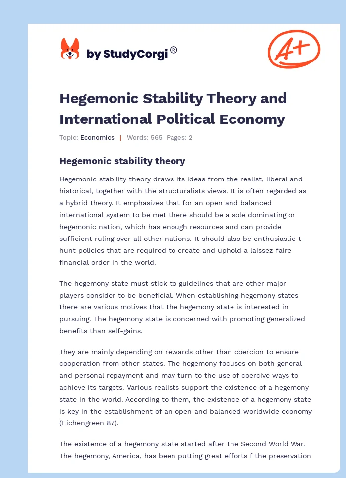 Hegemonic Stability Theory and International Political Economy. Page 1