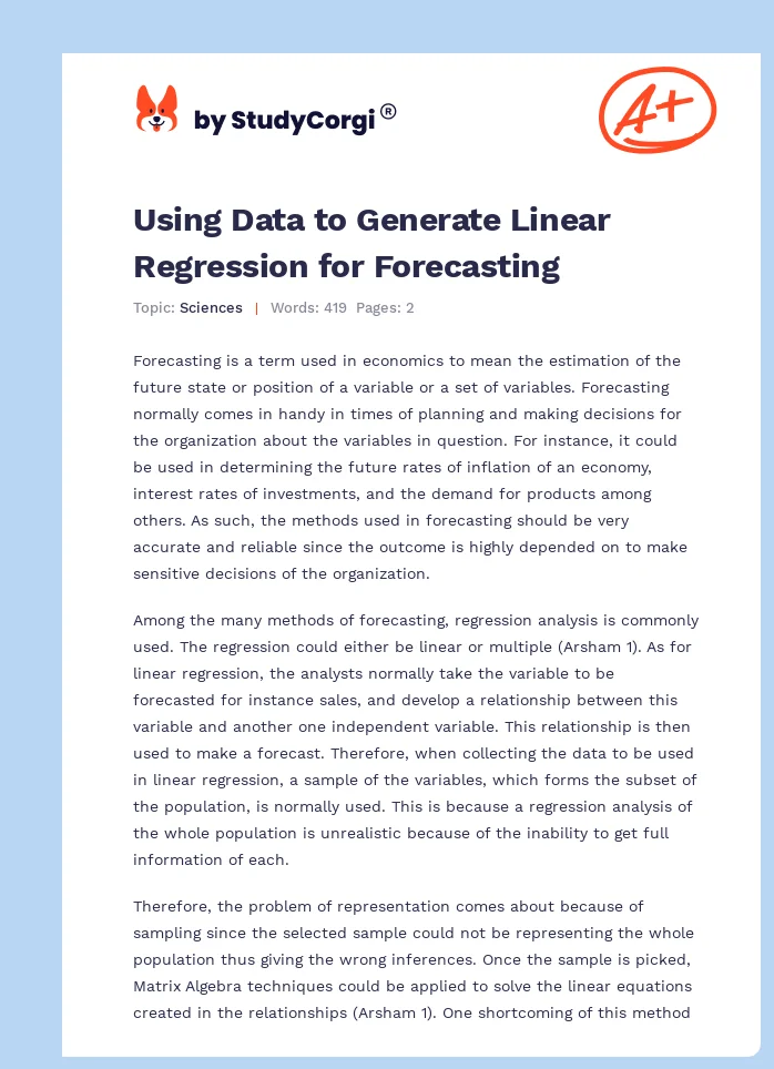 Using Data to Generate Linear Regression for Forecasting. Page 1