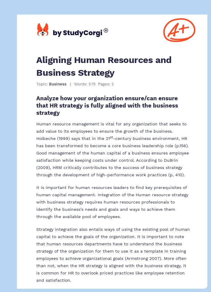 Aligning Human Resources and Business Strategy. Page 1