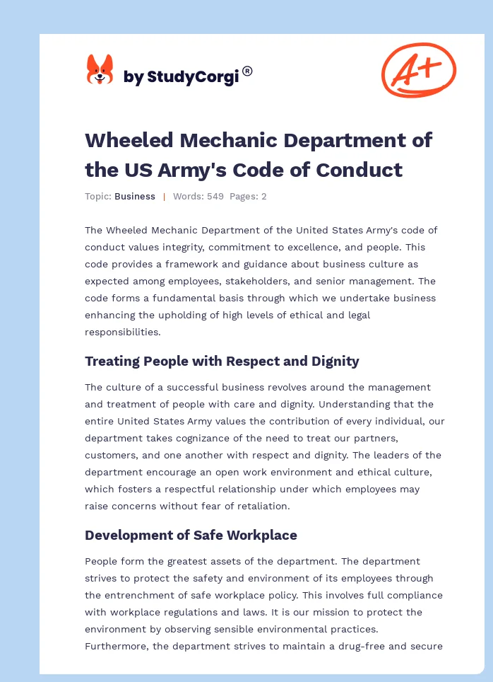 Wheeled Mechanic Department of the US Army's Code of Conduct. Page 1