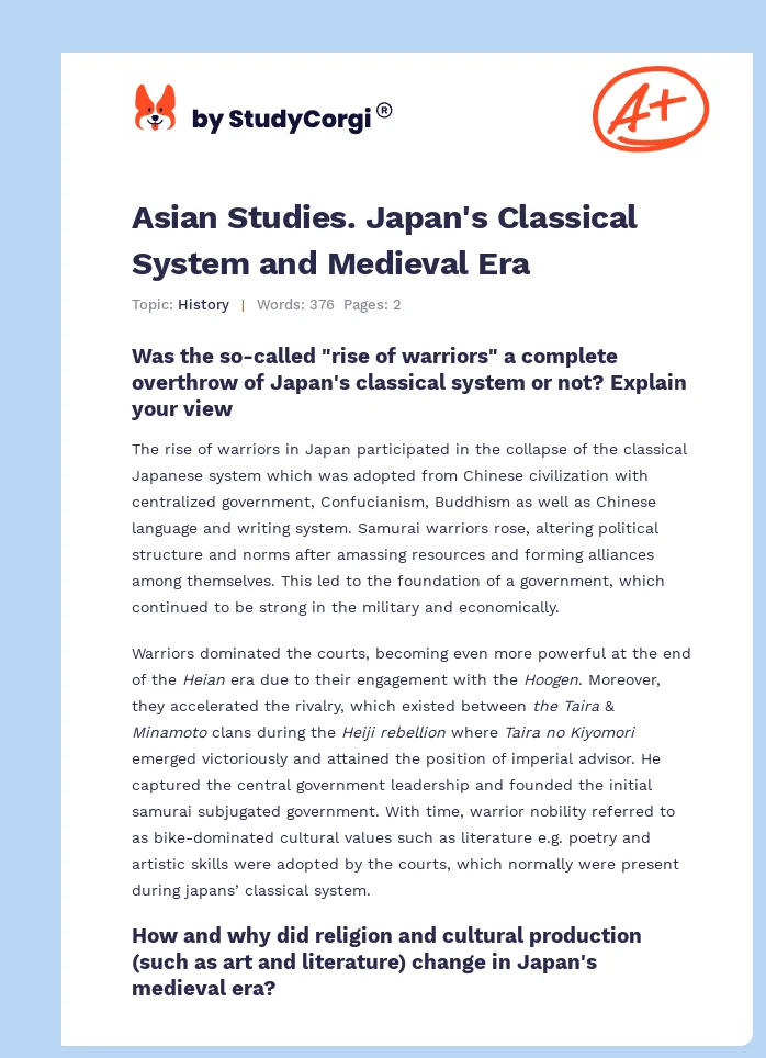 Asian Studies. Japan's Classical System and Medieval Era. Page 1