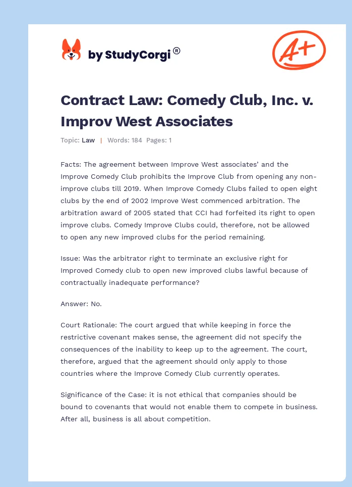 Contract Law: Comedy Club, Inc. v. Improv West Associates. Page 1