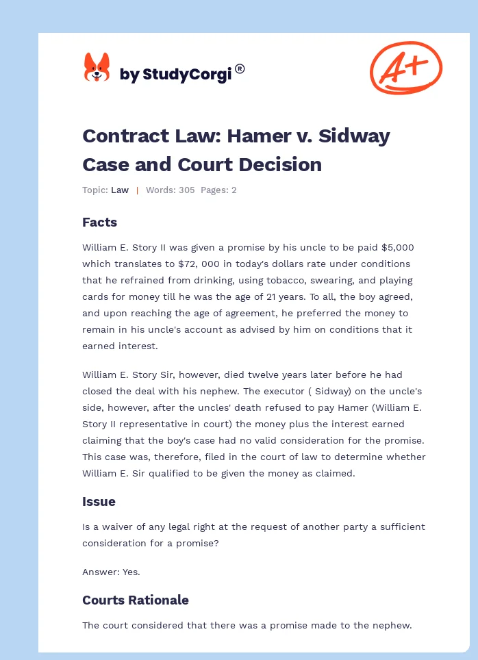 Contract Law: Hamer v. Sidway Case and Court Decision. Page 1