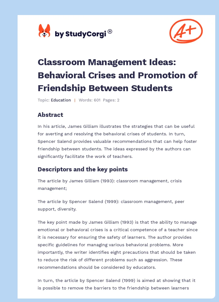 Classroom Management Ideas: Behavioral Crises and Promotion of Friendship Between Students. Page 1