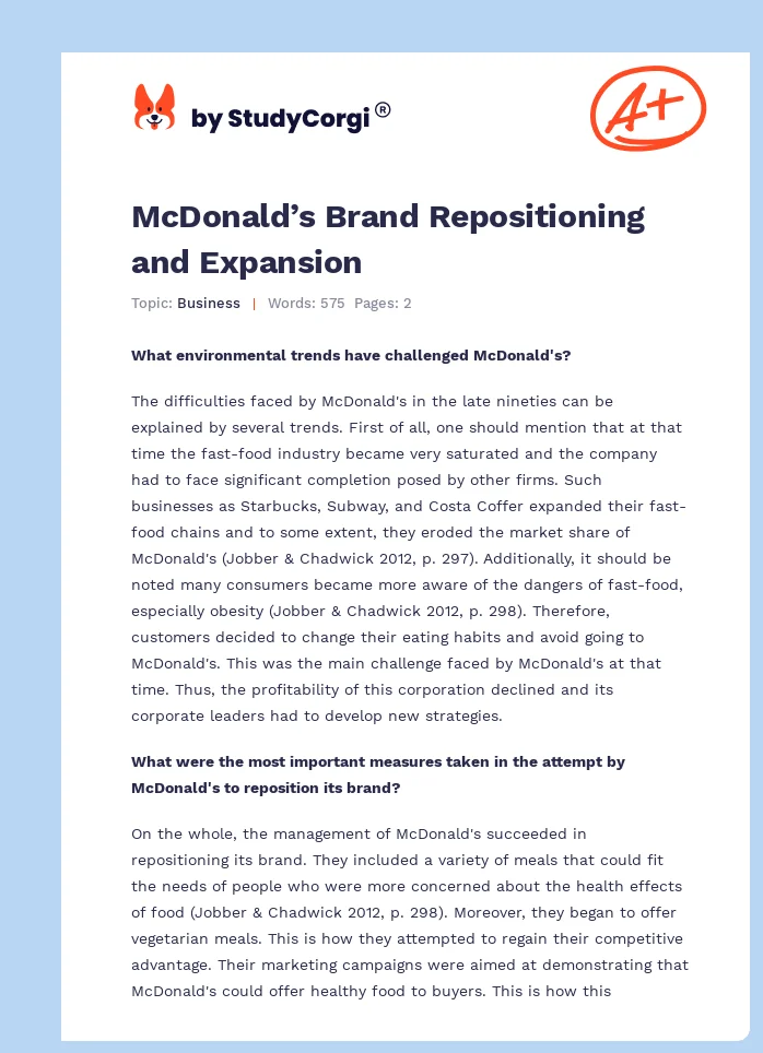 McDonald’s Brand Repositioning and Expansion. Page 1