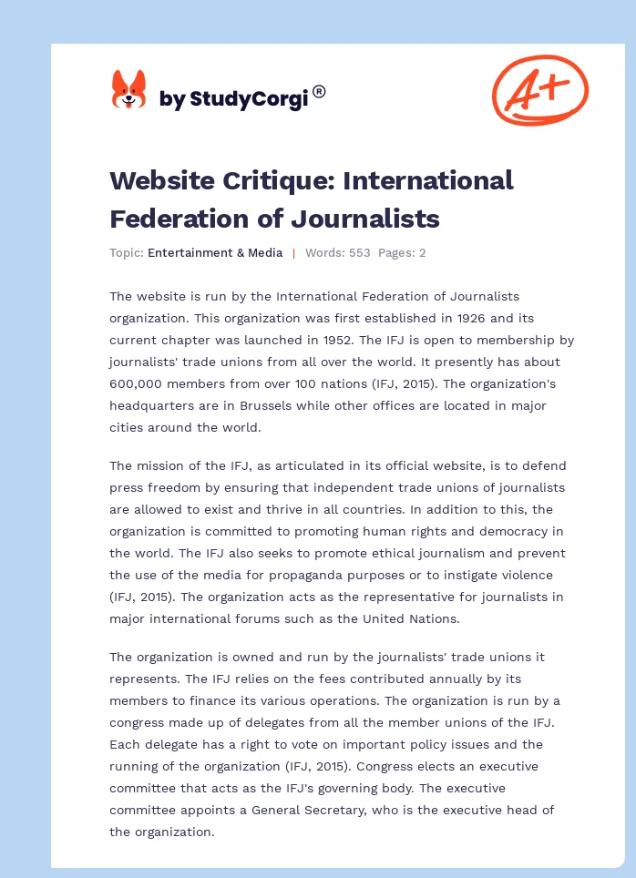 Website Critique: International Federation of Journalists. Page 1