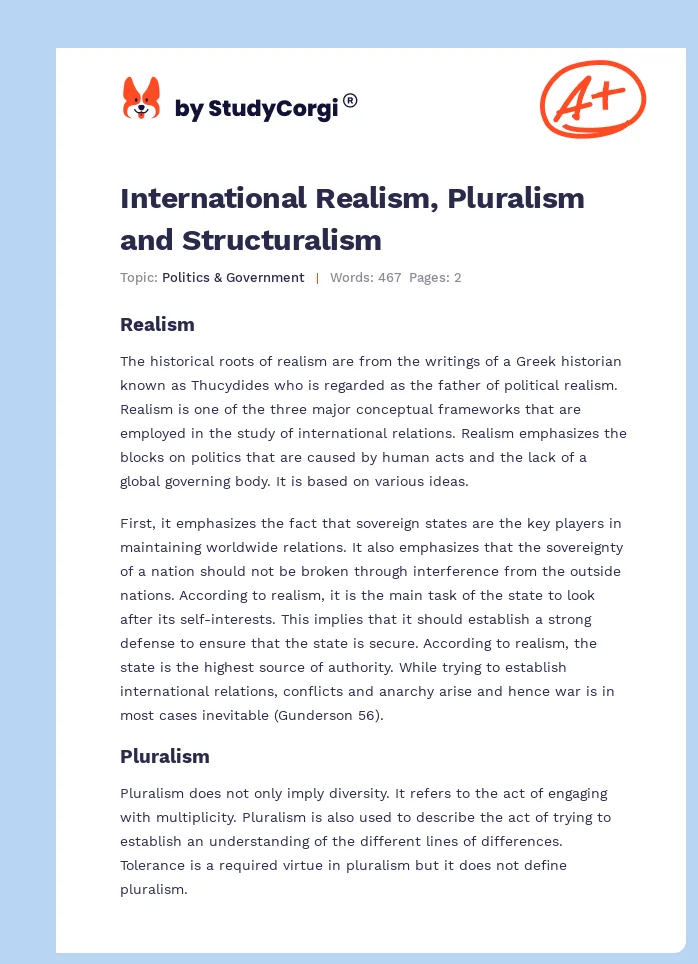 International Realism, Pluralism and Structuralism. Page 1