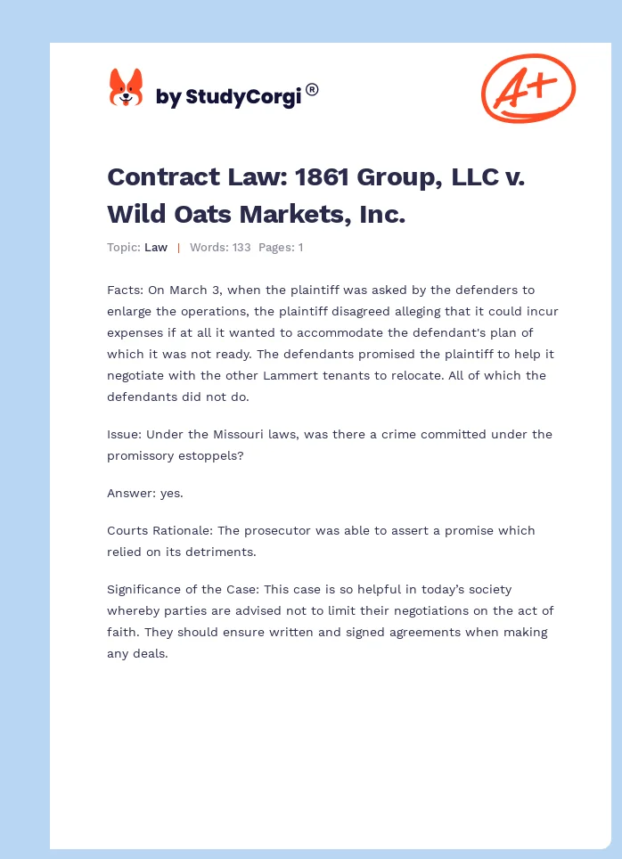 Contract Law: 1861 Group, LLC v. Wild Oats Markets, Inc.. Page 1