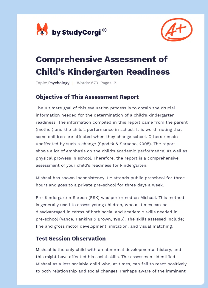 Comprehensive Assessment of Child’s Kindergarten Readiness. Page 1