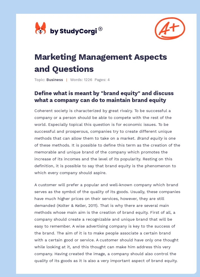 Marketing Management Aspects and Questions. Page 1