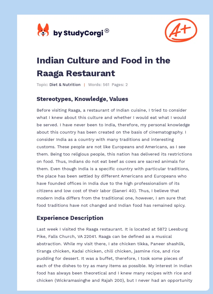 Indian Culture and Food in the Raaga Restaurant. Page 1