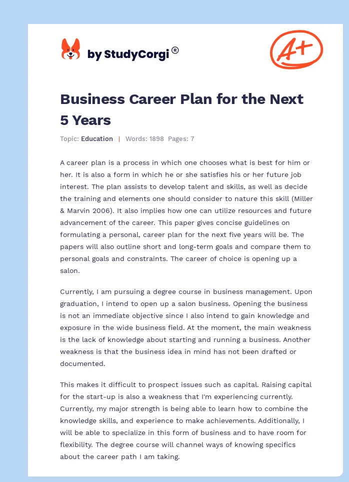 Business Career Plan for the Next 5 Years. Page 1