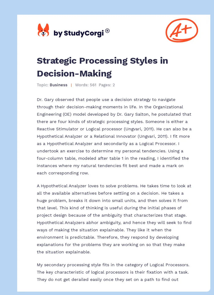 Strategic Processing Styles in Decision-Making. Page 1
