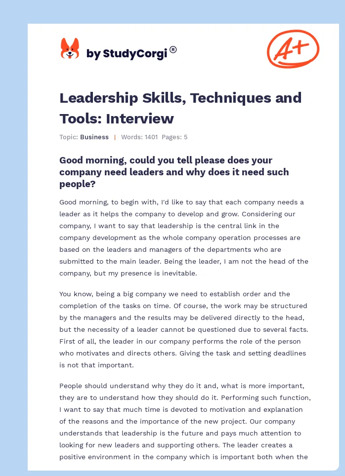Leadership Skills, Techniques and Tools: Interview. Page 1