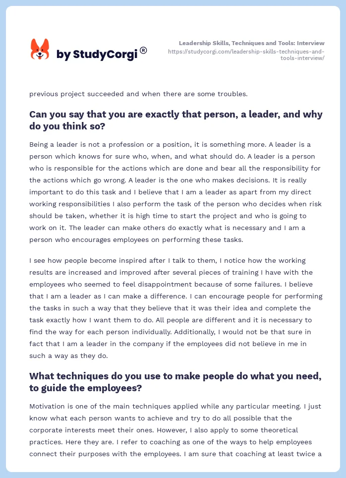 Leadership Skills, Techniques and Tools: Interview. Page 2