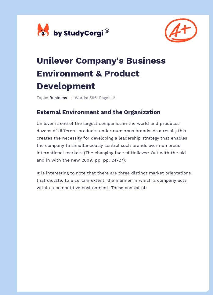 Unilever Company's Business Environment & Product Development. Page 1