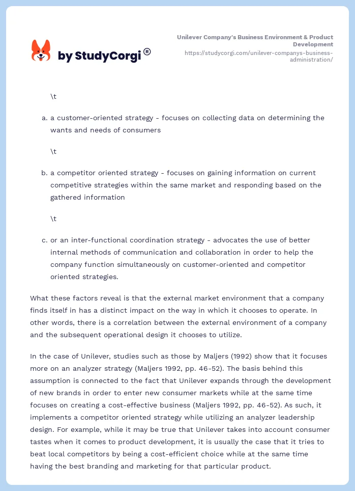 Unilever Company's Business Environment & Product Development. Page 2