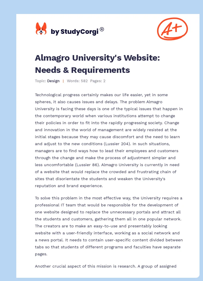 Almagro University's Website: Needs & Requirements. Page 1