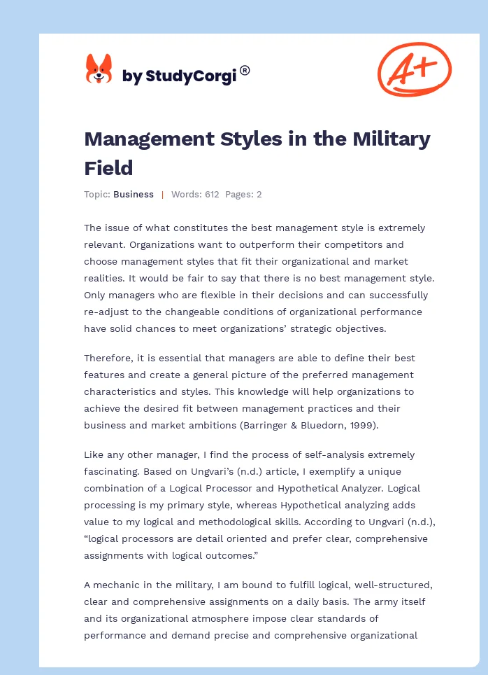 Management Styles in the Military Field. Page 1